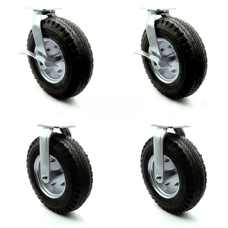 Service Caster 12 Inch Black Pneumatic Wheel Caster Swivel with Brakes and 2 Rigid SCC, 2PK SCC-100S3506-PNB-SLB-2-R3506-2